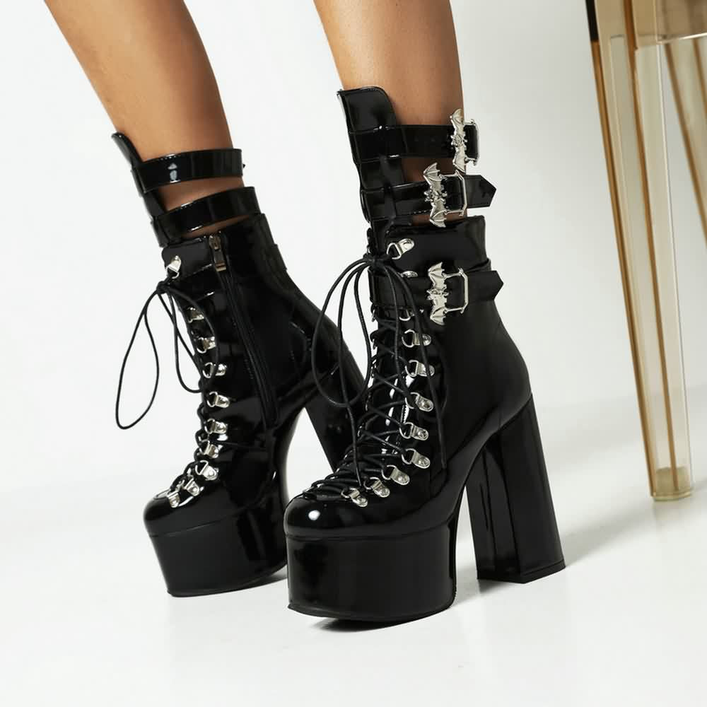 Black Gothic Bat Mid Calf Platform Boots