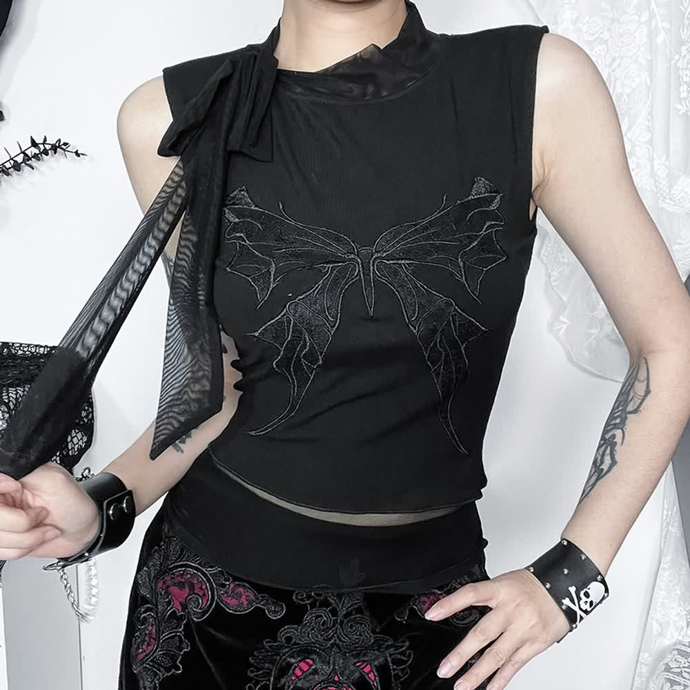 Black Gothic Butterfly Sleeveless Crop Top