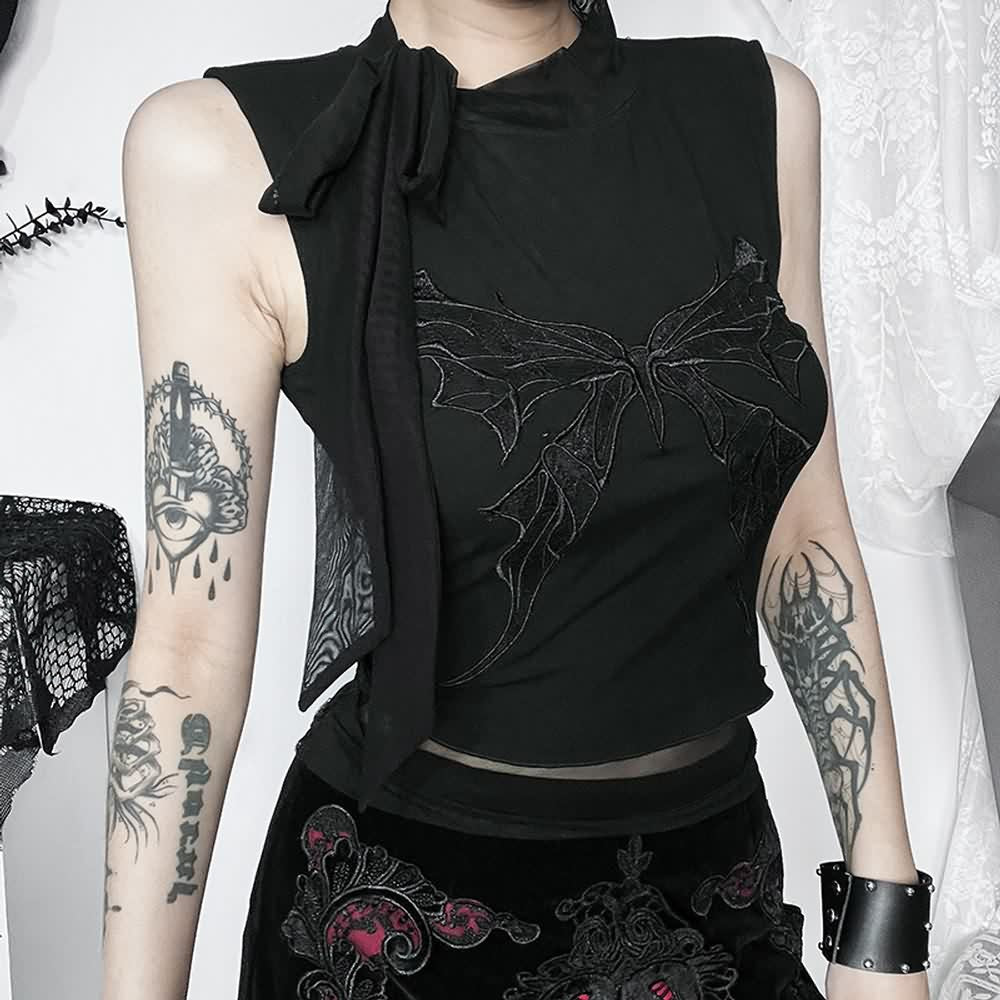 Black Gothic Butterfly Sleeveless Crop Top