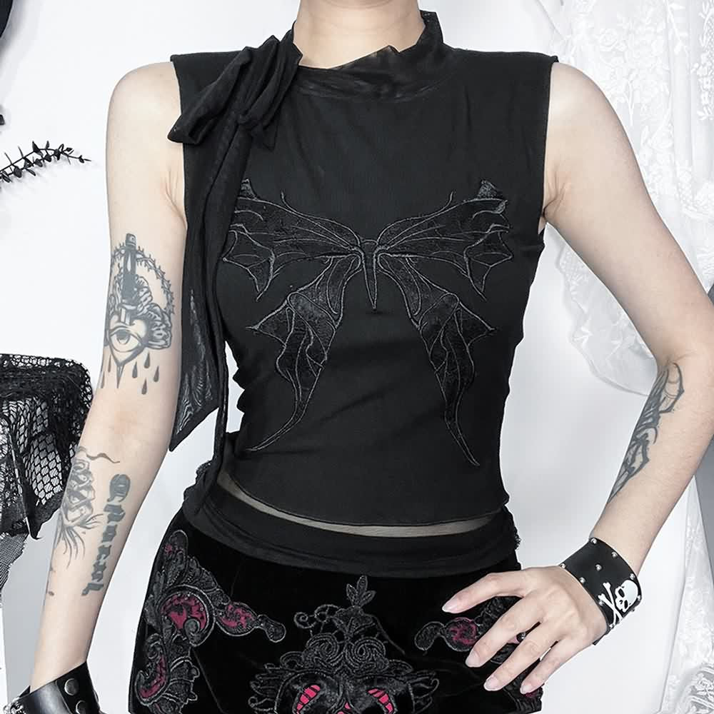 Black Gothic Butterfly Sleeveless Crop Top