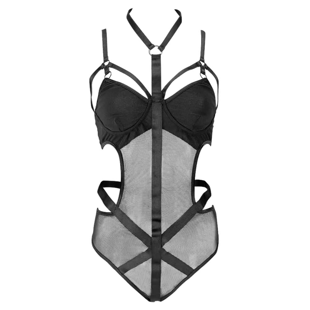 Black Gothic Cut Out Mesh Harness Bodysuit