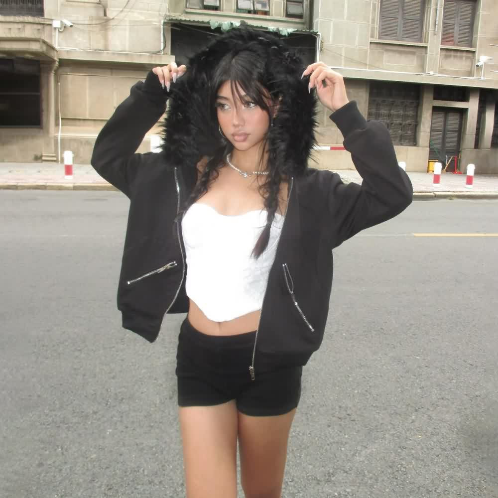 Black Gothic Faux Fur Zip Up Hoodie