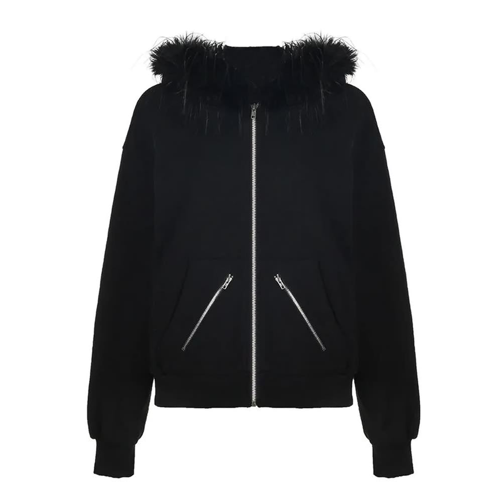 Black Gothic Faux Fur Zip Up Hoodie