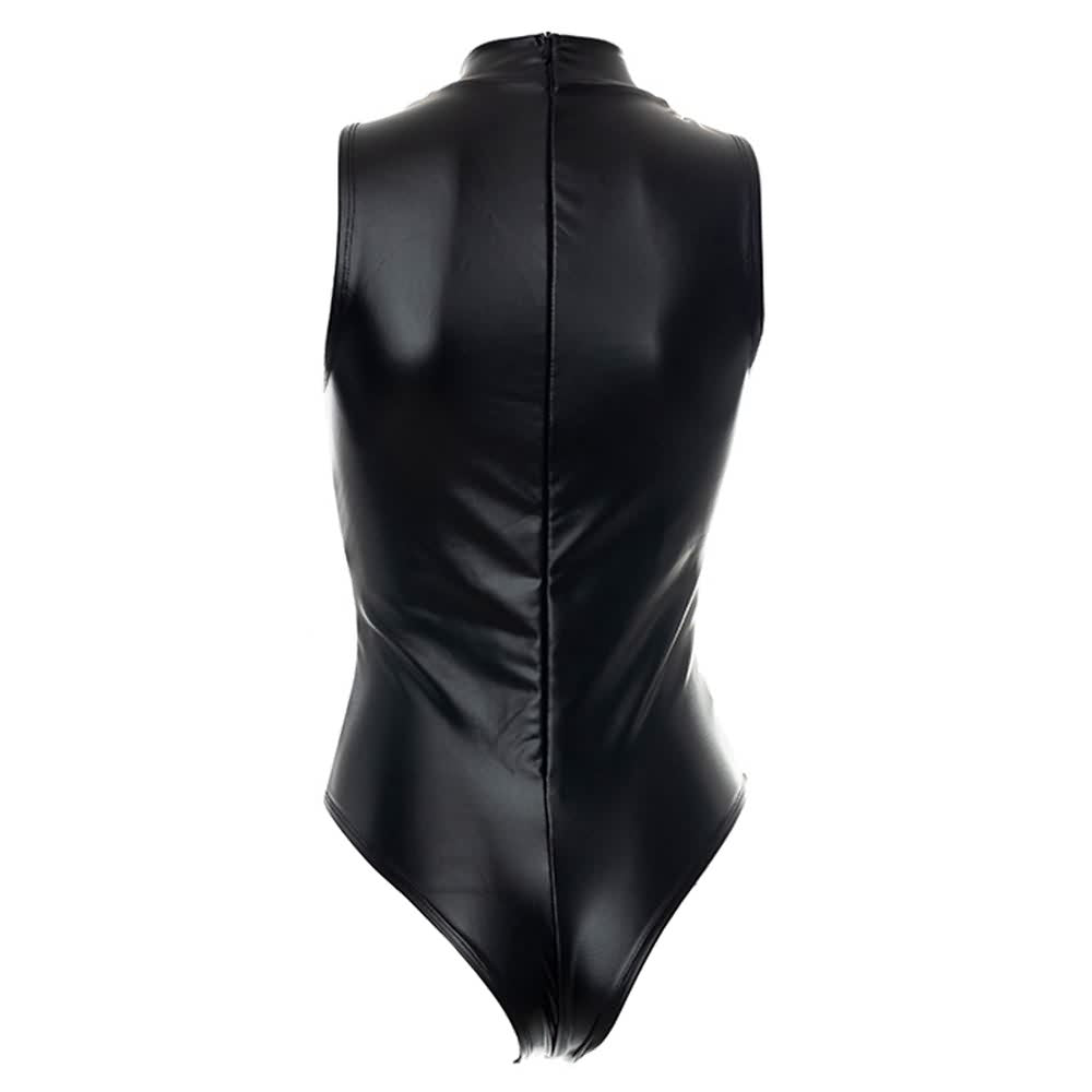 Black Gothic Faux Leather High Neck Bodysuit