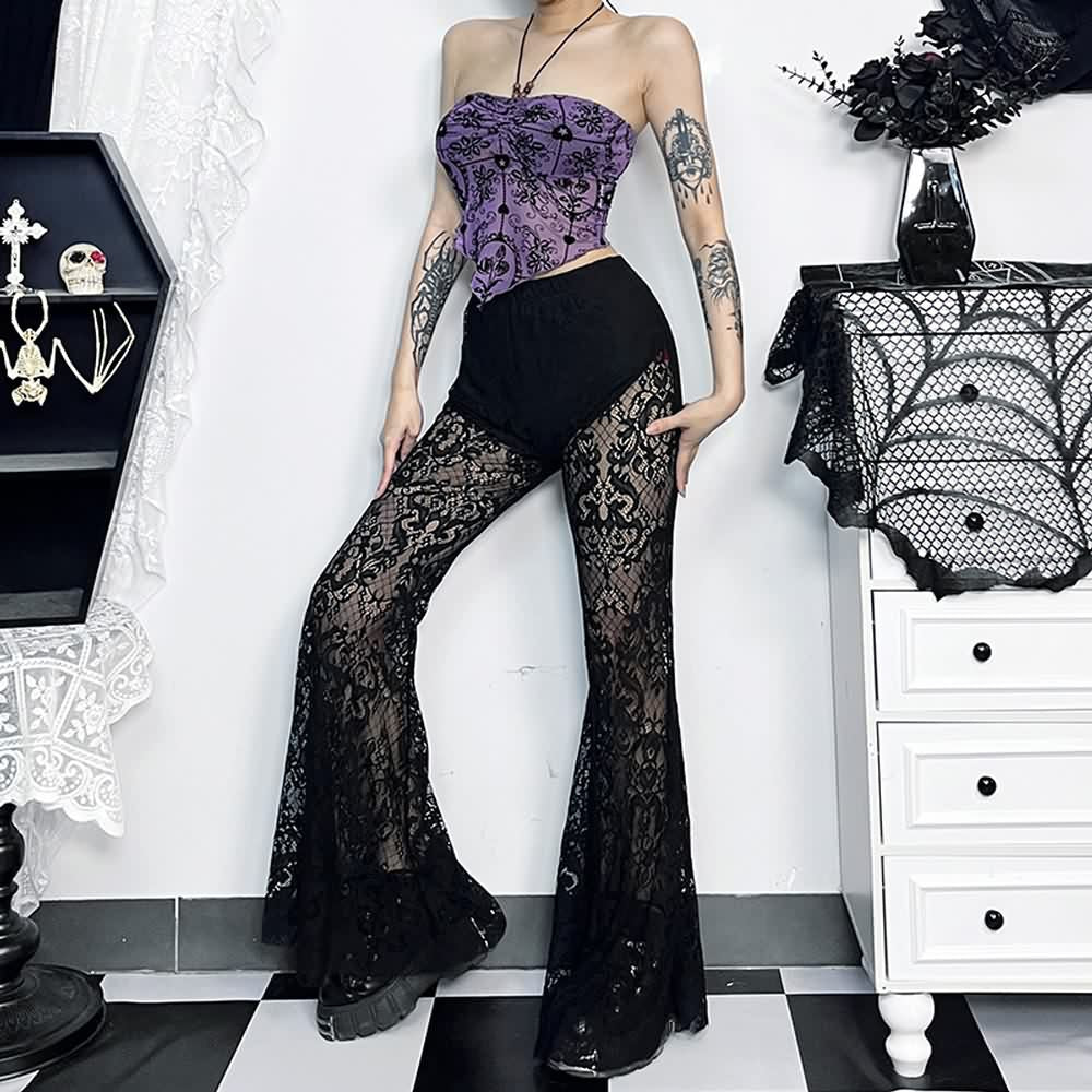 Black Gothic Floral Lace Bell Bottoms