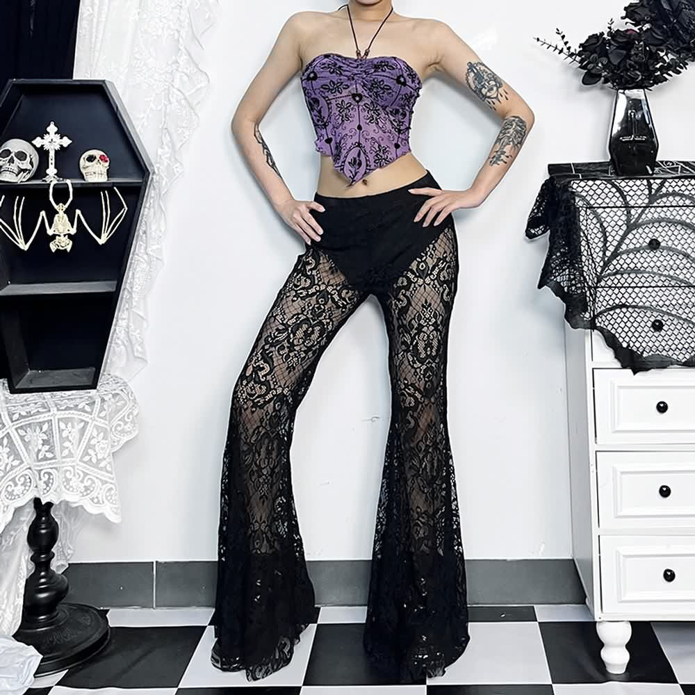 Black Gothic Floral Lace Bell Bottoms