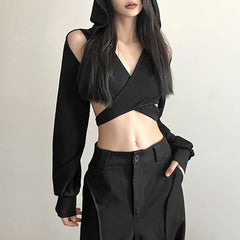 Black Gothic Hooded Wrap Crop top