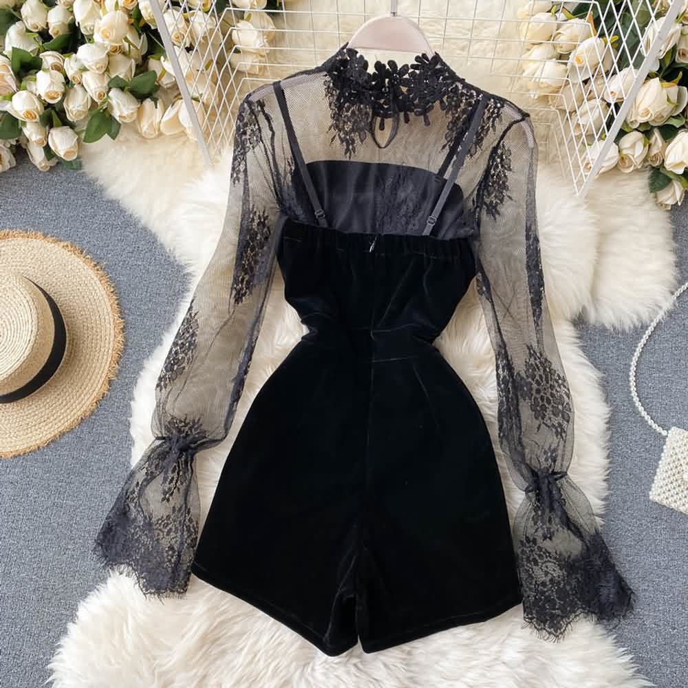 Black Gothic Lace Mesh Top And Velvet Romper Set