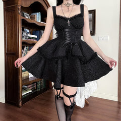 Black Gothic Lace Tiered Mini Dress