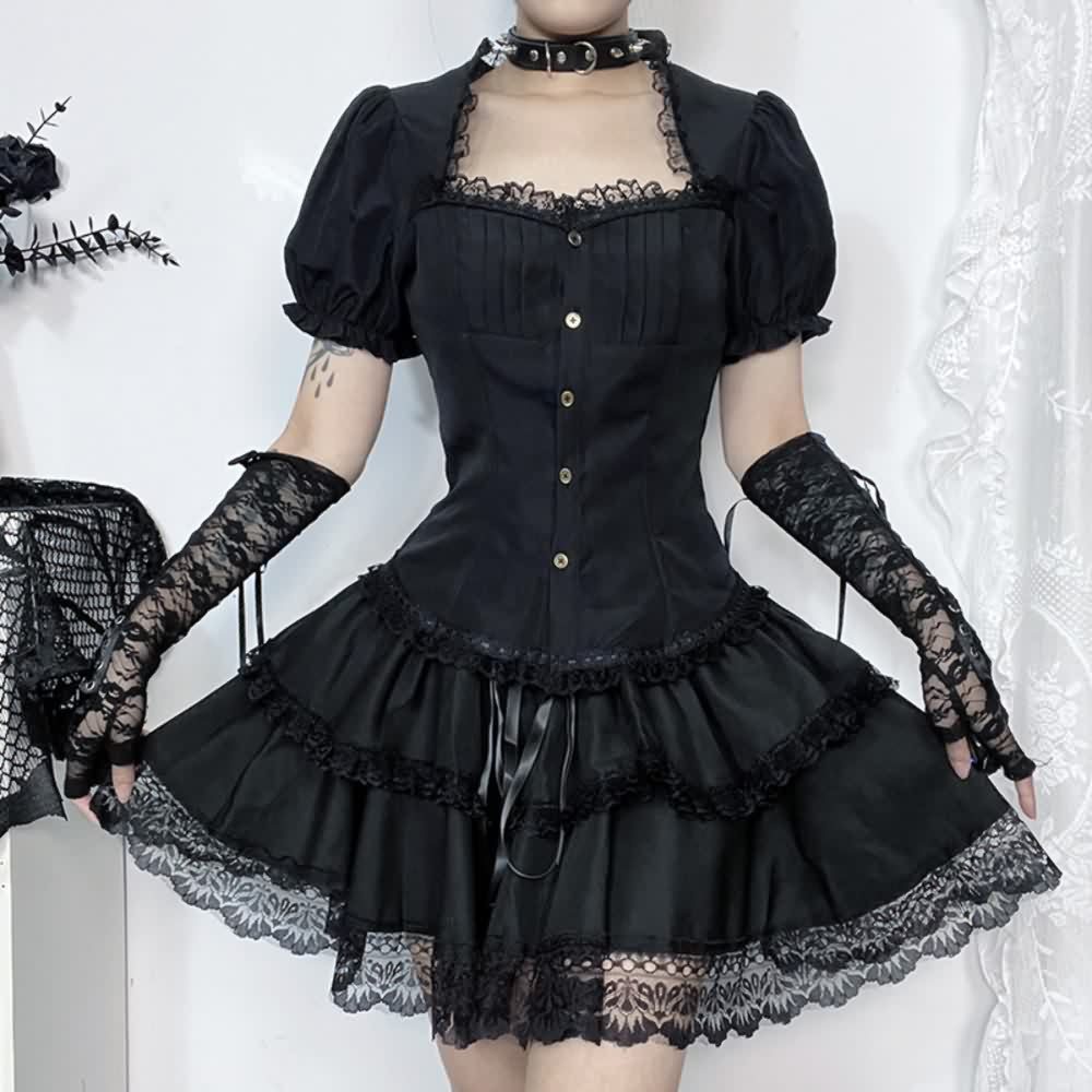 Black Gothic Lace Trim Puff Sleeve Blouse