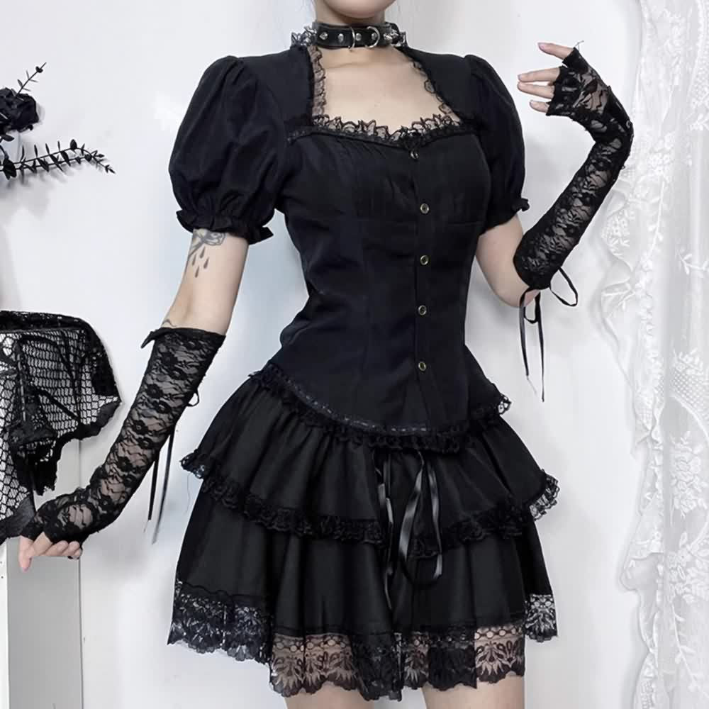 Black Gothic Lace Trim Puff Sleeve Blouse