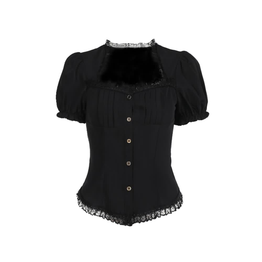 Black Gothic Lace Trim Puff Sleeve Blouse