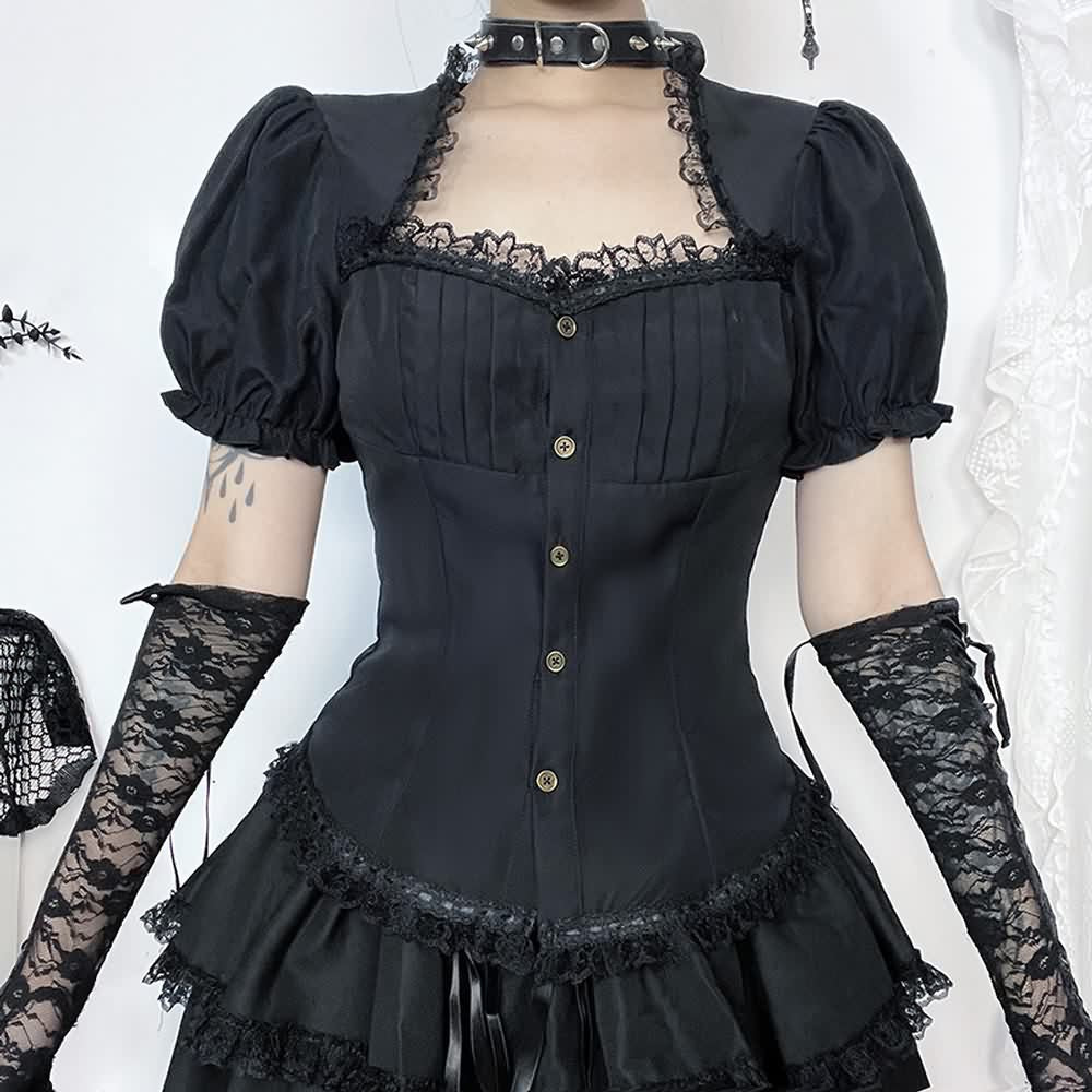 Black Gothic Lace Trim Puff Sleeve Blouse