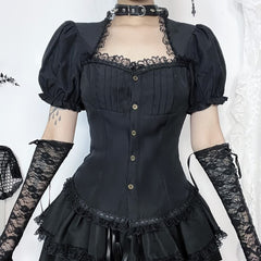 Black Gothic Lace Trim Puff Sleeve Blouse