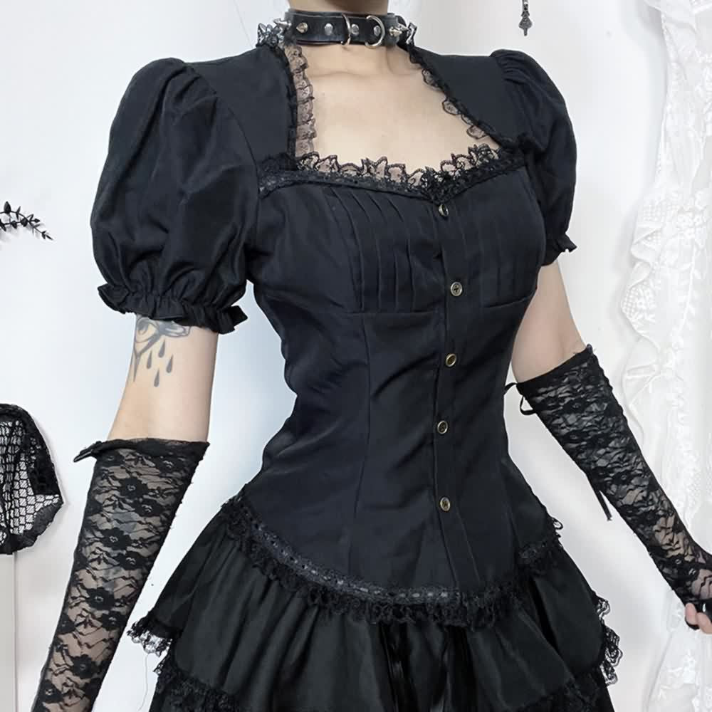 Black Gothic Lace Trim Puff Sleeve Blouse