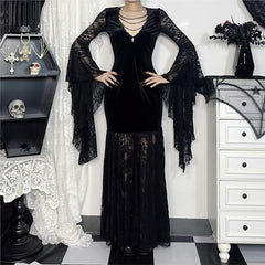 Black Gothic Lace Velvet Bell Sleeve Maxi Dress