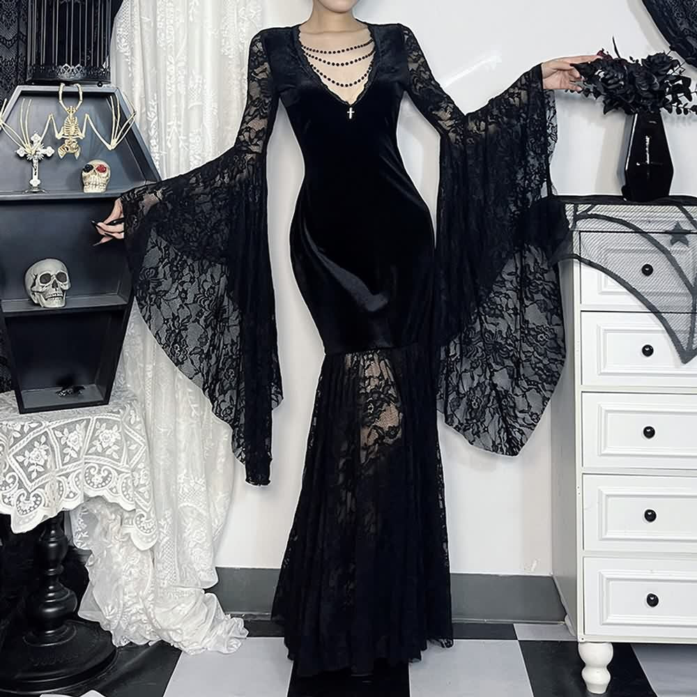 Black Gothic Lace Velvet Bell Sleeve Maxi Dress