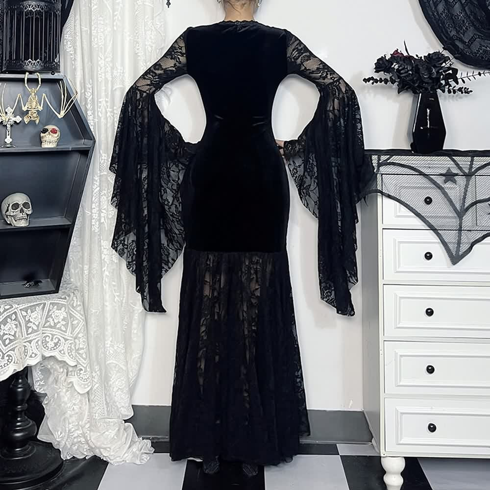 Black Gothic Lace Velvet Bell Sleeve Maxi Dress