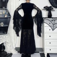 Black Gothic Lace Velvet Bell Sleeve Maxi Dress