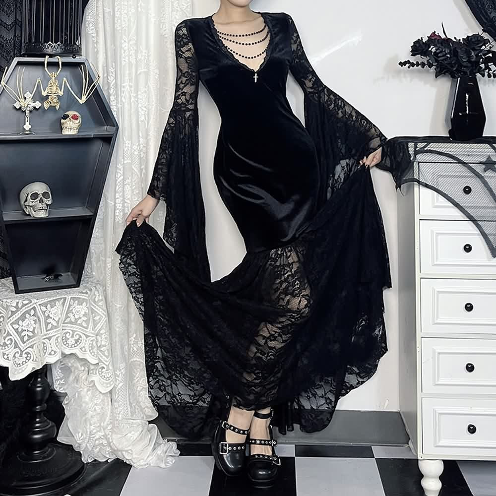 Black Gothic Lace Velvet Bell Sleeve Maxi Dress