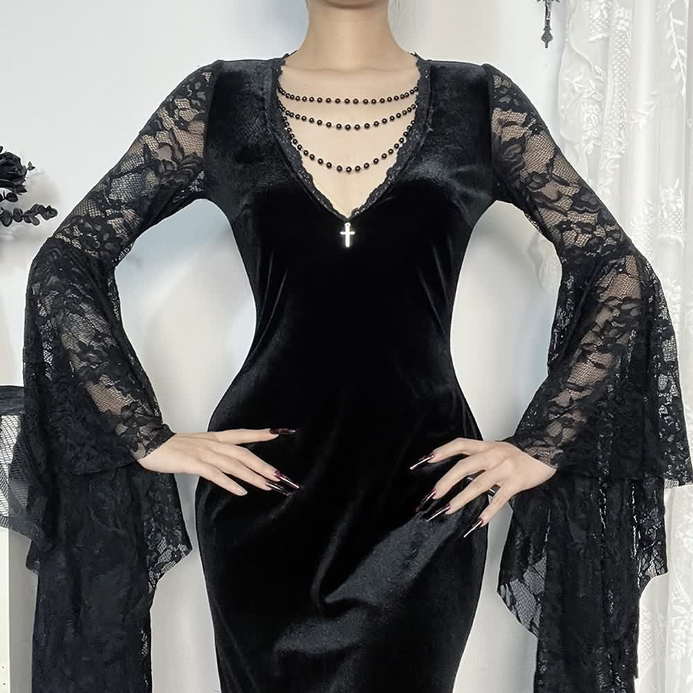 Black Gothic Lace Velvet Bell Sleeve Maxi Dress