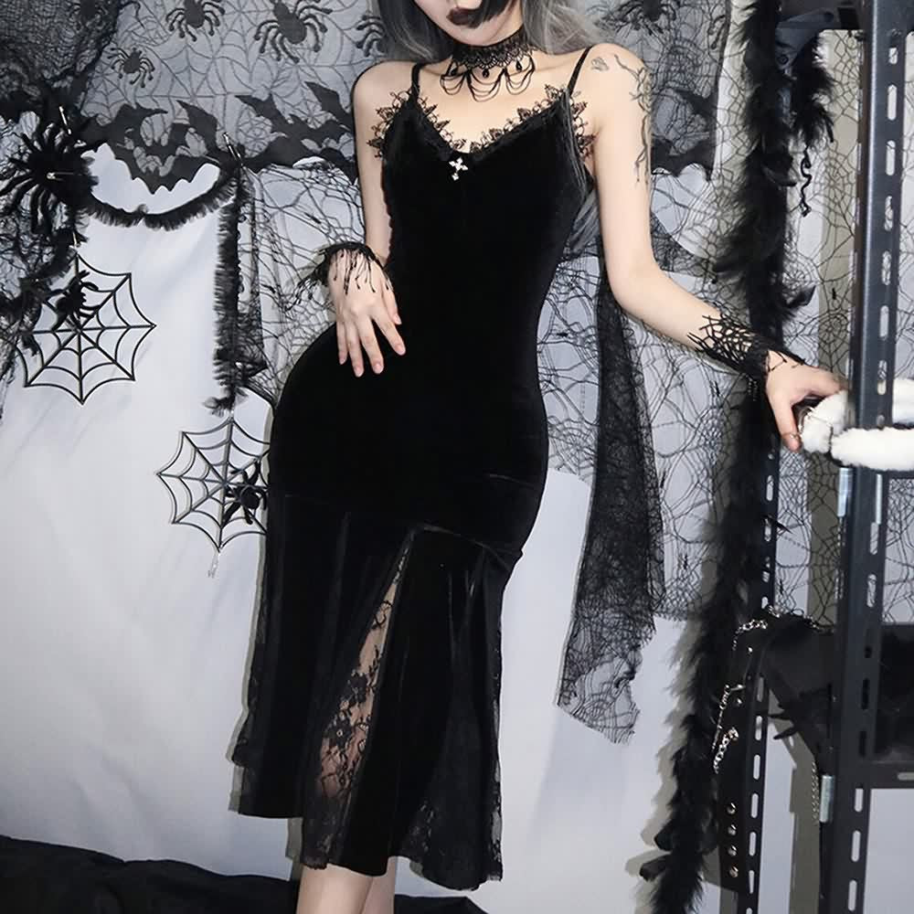 Black Gothic Lace Velvet Flare Midi Dress