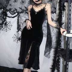 Black Gothic Lace Velvet Flare Midi Dress