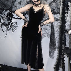 Black Gothic Lace Velvet Flare Midi Dress