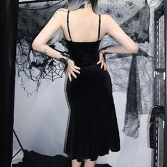 Black Gothic Lace Velvet Flare Midi Dress