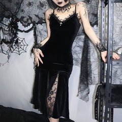 Black Gothic Lace Velvet Flare Midi Dress