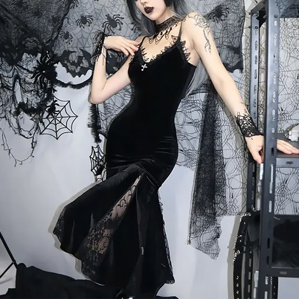 Black Gothic Lace Velvet Flare Midi Dress