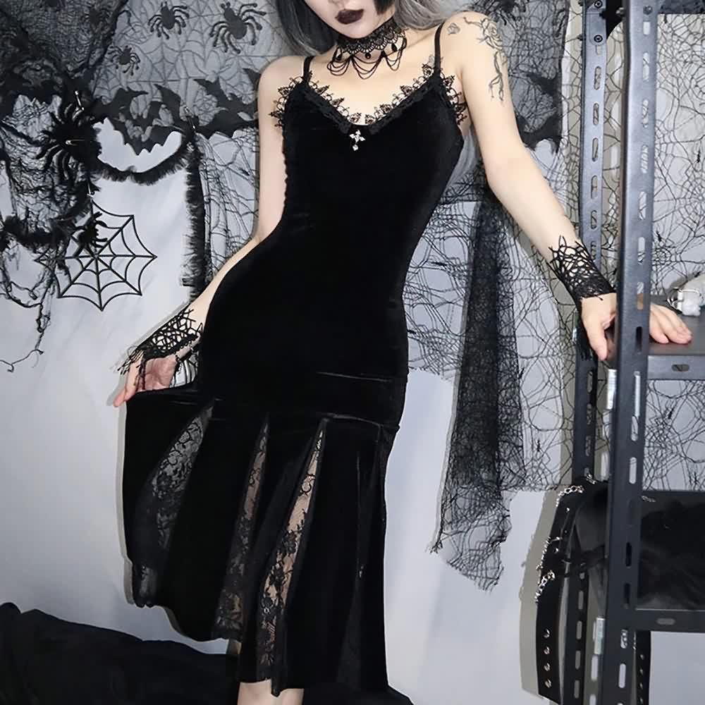 Black Gothic Lace Velvet Flare Midi Dress