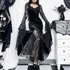 Black Gothic Lace Velvet Long Sleeve Maxi Dress