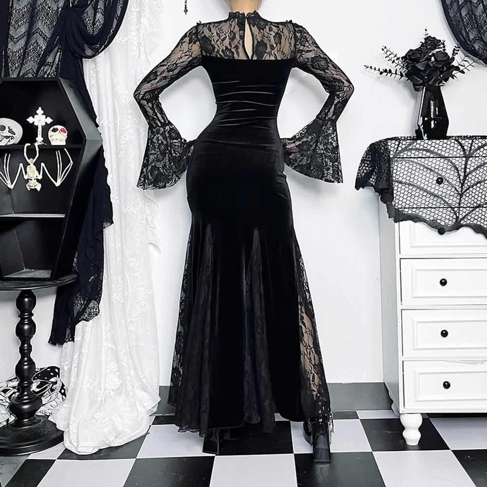 Black Gothic Lace Velvet Long Sleeve Maxi Dress