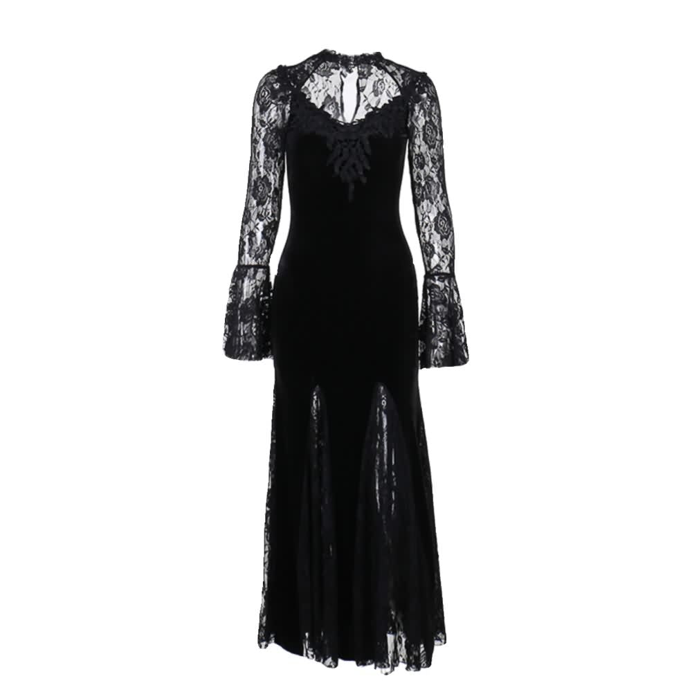 Black Gothic Lace Velvet Long Sleeve Maxi Dress