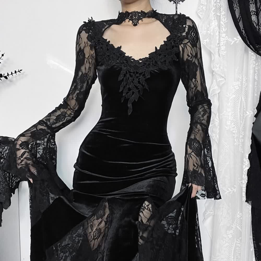 Black Gothic Lace Velvet Long Sleeve Maxi Dress