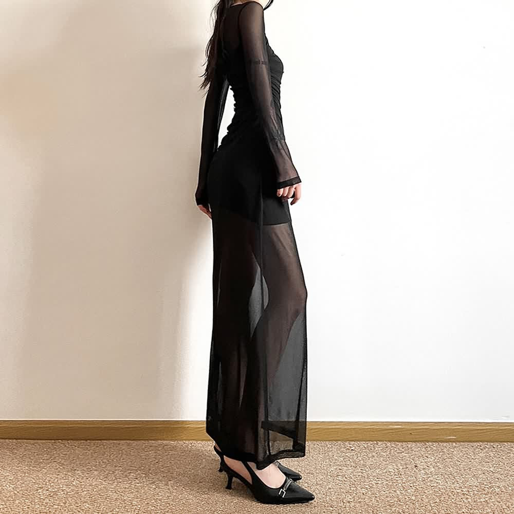 Black Gothic Mesh Overlay Long Sleeve Maxi Dress