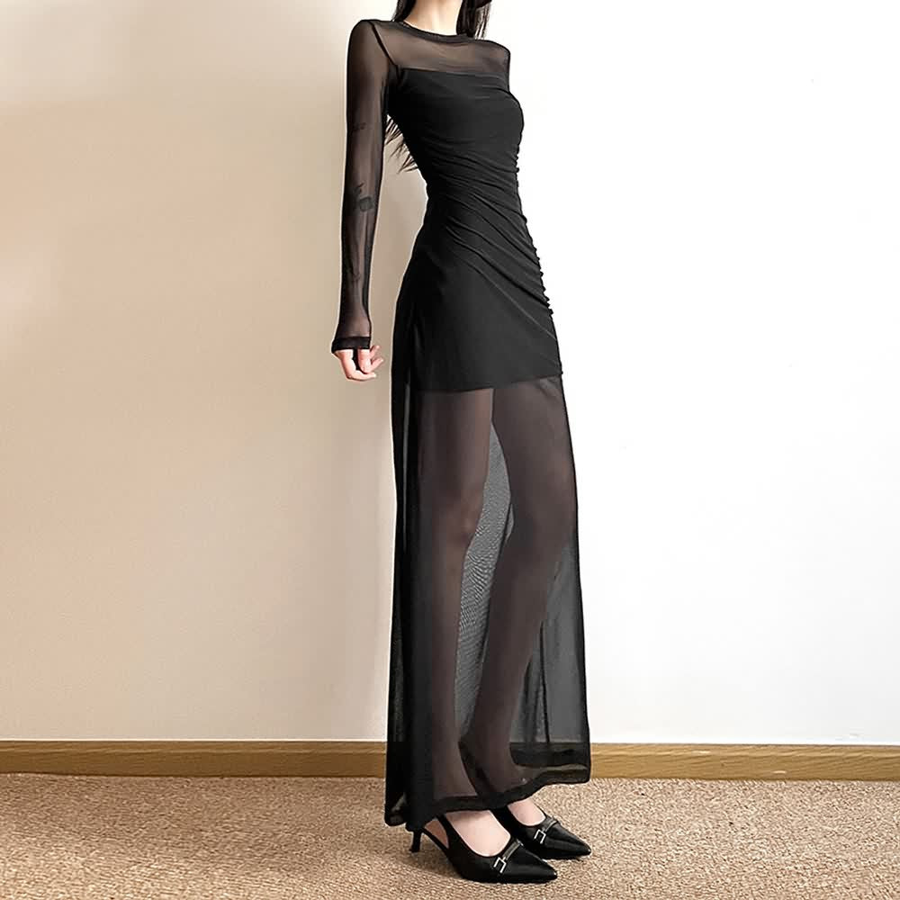 Black Gothic Mesh Overlay Long Sleeve Maxi Dress