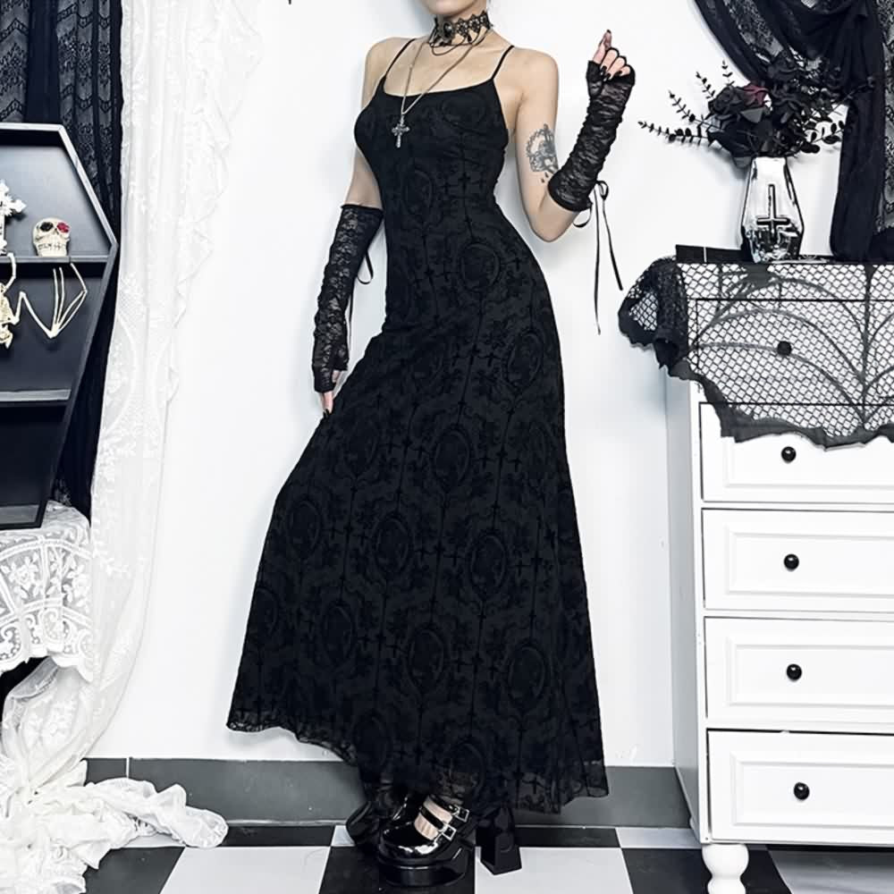 Black Gothic Mesh Overlay Maxi Dress