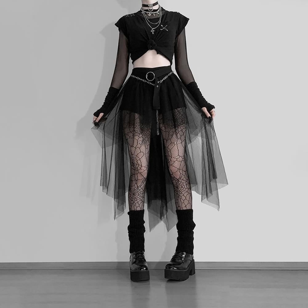 Black Gothic Mesh Overlay Mini Skirt