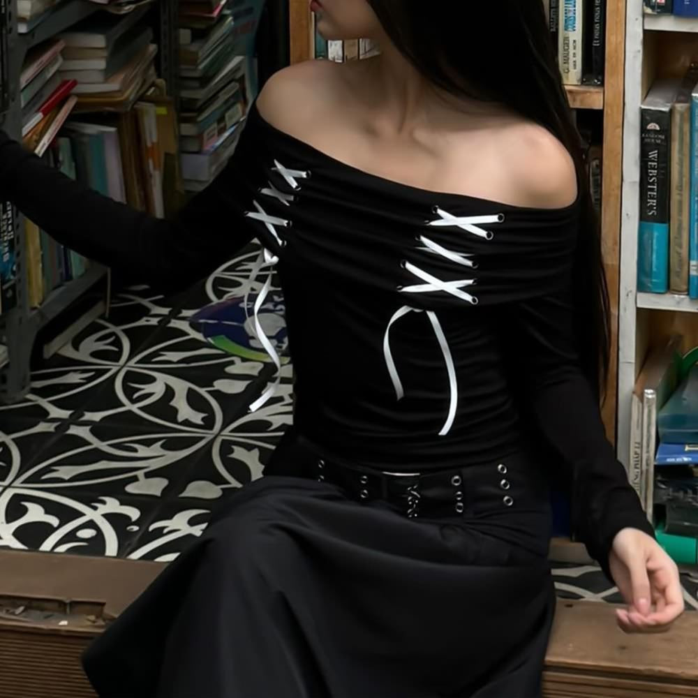 Black Gothic Off The Shoulder Long Sleeve Top