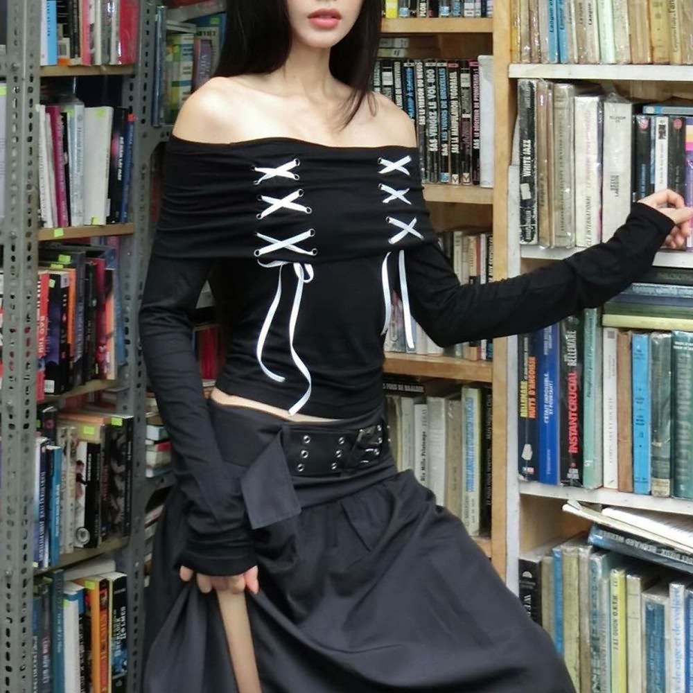 Black Gothic Off The Shoulder Long Sleeve Top