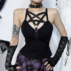 Black Gothic Pentagram Harness Crop Top