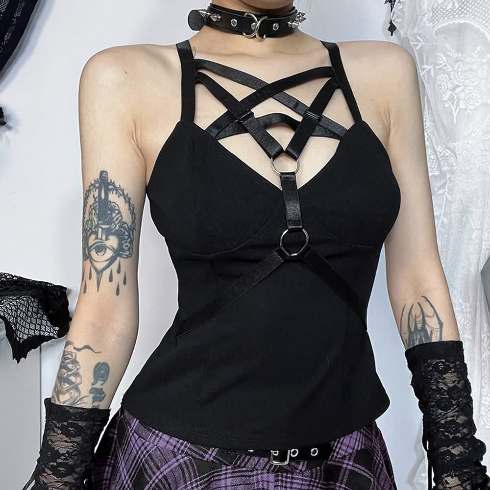 Black Gothic Pentagram Harness Crop Top