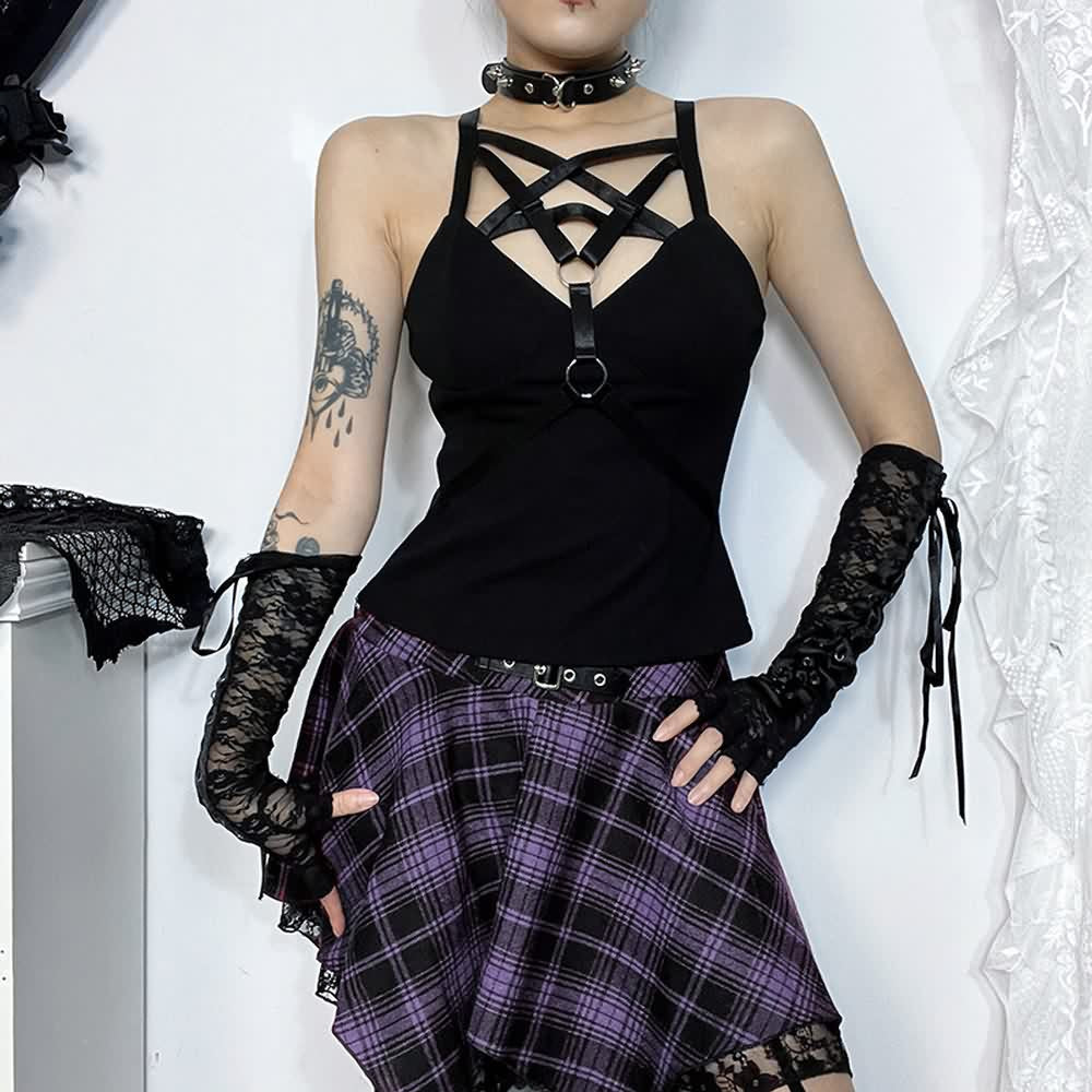 Black Gothic Pentagram Harness Crop Top