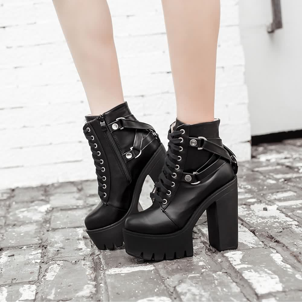 Black Gothic Punk Chunky Heel Platform Ankle Boots