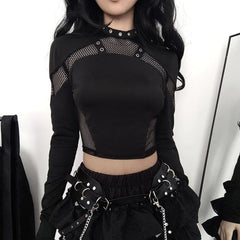 Black Gothic Punk Fishnet Long Sleeve Crop Top