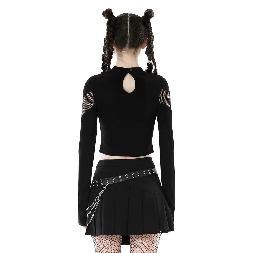 Black Gothic Punk Fishnet Long Sleeve Crop Top