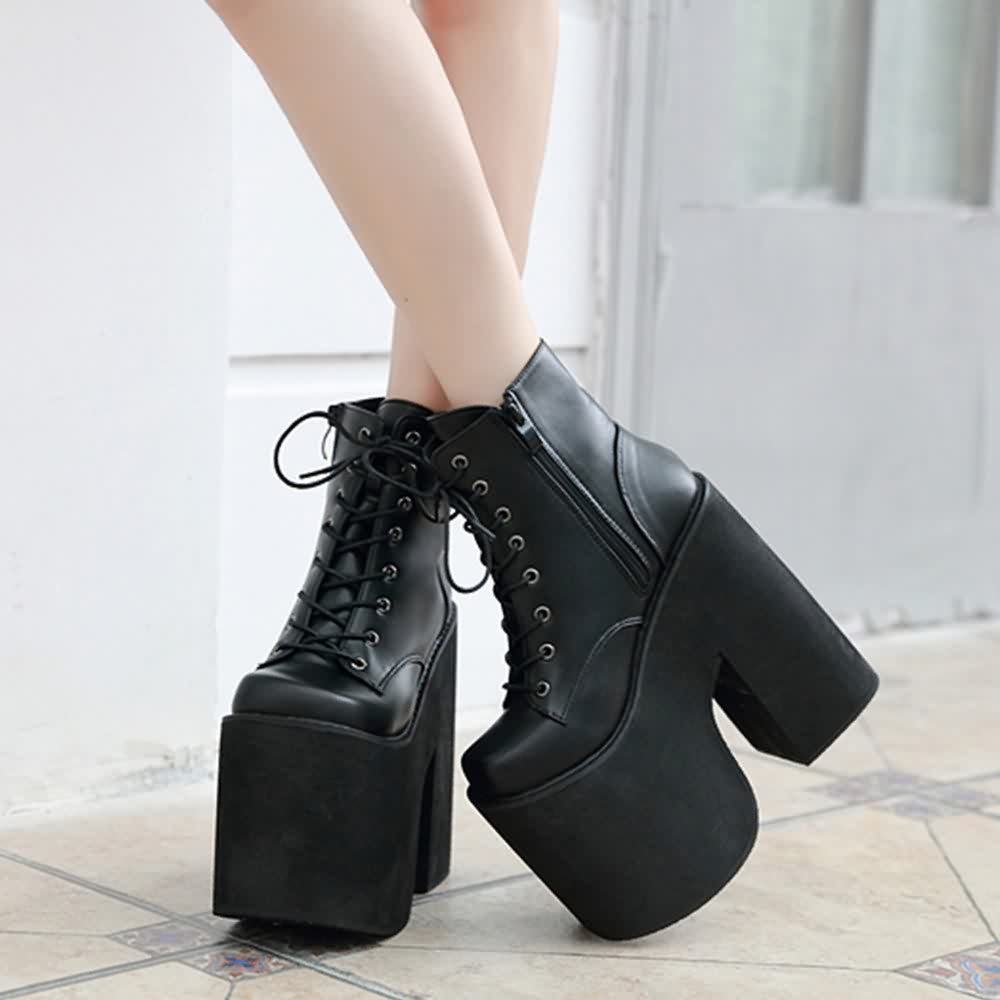 Black Gothic Punk Lace Up Chunky Platform Ankle Boots