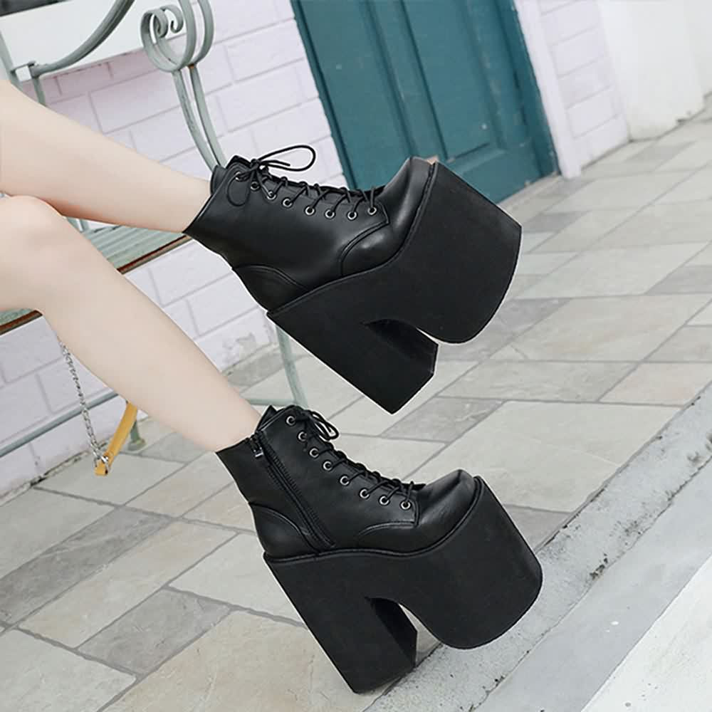 Black Gothic Punk Lace Up Chunky Platform Ankle Boots